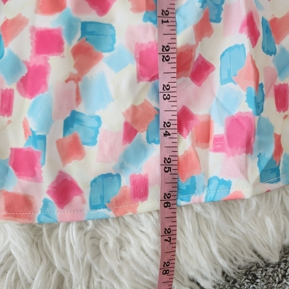 Sky Blue Shirred Yoke Ruffled Abstract Printed Blouse. Stretchy. Size M - Picture 8 of 9